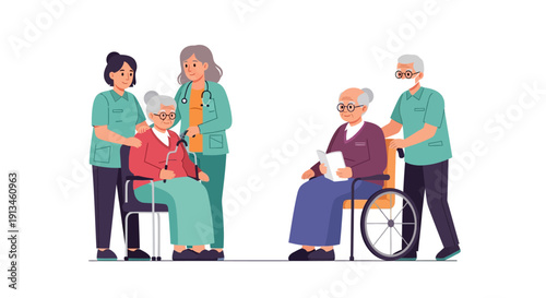 Elderly Care Assistance: Nurses and Caregivers Helping Senior Women and Men in Wheelchair. Geriatric Support Services Illustration.