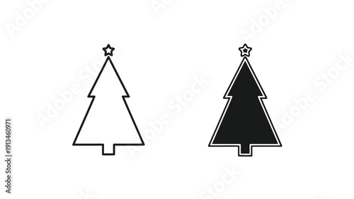 Simple black and white illustration depicting two christmas trees with a star on top
