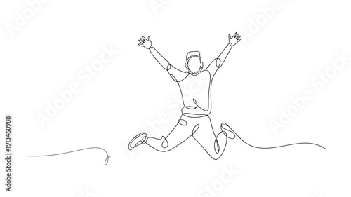 Minimalist line of a person jumping with arms raised in midair line single line continuous line black and white