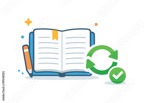 Intentional weekly reflection and progress review focused on learning from outcomes and improving future actions, a simple journal paired with a refresh arrow and a small checkmark