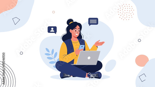 Young Woman Working Remotely With Laptop and Smartphone, Communication Icons