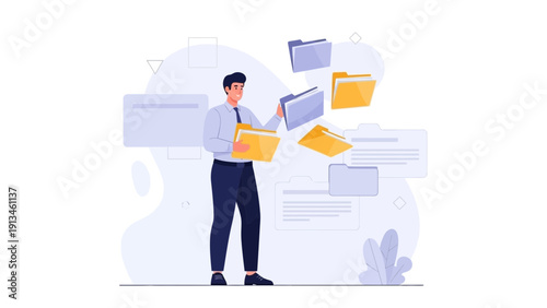 Man Organizing Digital Files and Documents with Folders