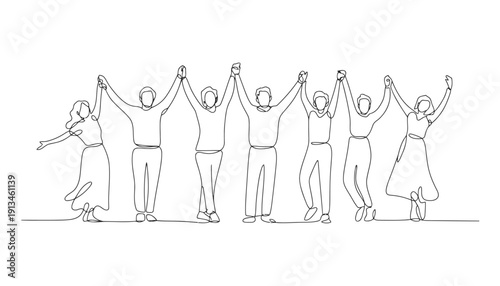 Seven line figures standing in a row holding hands up in unison