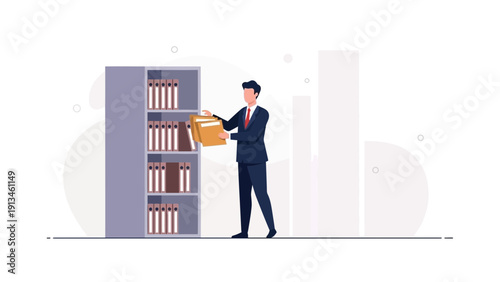 Businessman Organizing Files in Office Bookshelf