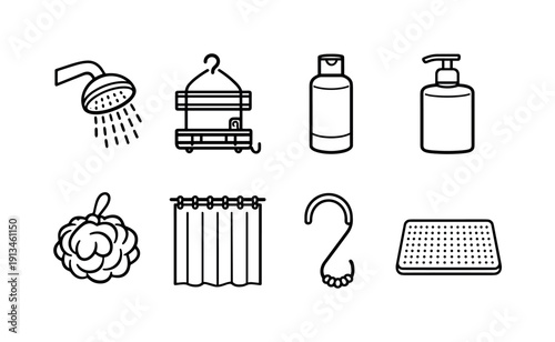 Home bathroom shower essentials: shower head, shower caddy, shampoo bottle, soap bottle, loofah sponge, shower curtain, curtain hook, bath mat.