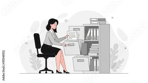 Businesswoman Organizing Files in Office Filing Cabinet - Document Management