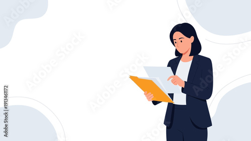 Businesswoman reviewing documents in office with minimalist background