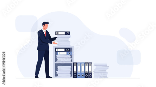 Businessman Sorting Paperwork Files Stacked High in Office