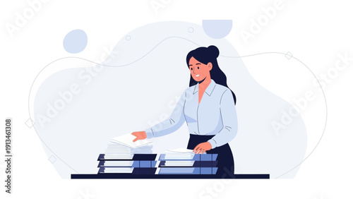 Businesswoman organizing documents and files in office, workflow concept