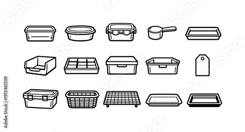 Home kitchen meal prep containers: glass container, plastic container, airtight container, snap lid, clip seal, measuring scoop, storage tray, shelf bin, drawer organizer, label