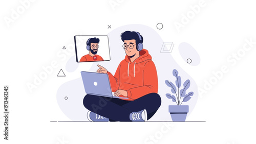 Man video calling on laptop, online communication, remote work, digital connection