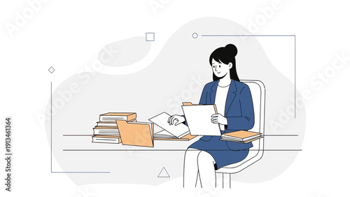 Businesswoman organizing documents at desk, modern flat illustration