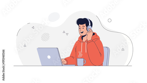 Young Man Working on Laptop with Headphones and Coffee