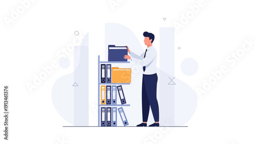Businessman organizing files on shelf, data management, document archive concept