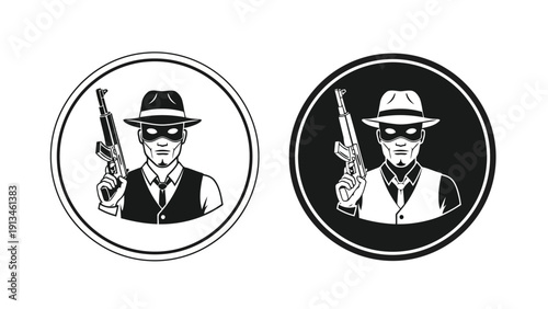Two black and white illustrations depict masked gunmen in suits and fedoras holding pistols