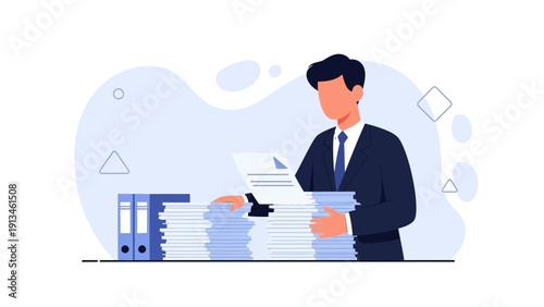 Businessman Sorting Stacks of Paperwork and Documents