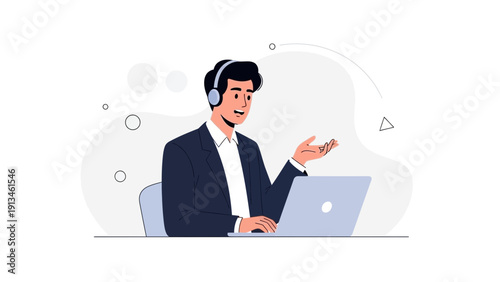 Customer Service Representative with Headphones and Laptop, Online Support, Business Communication