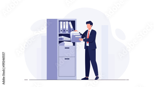 Businessman organizing files in a filing cabinet, modern office, business concept illustration