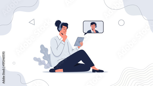 Person on video call, tablet, headphones, online communication, work from home