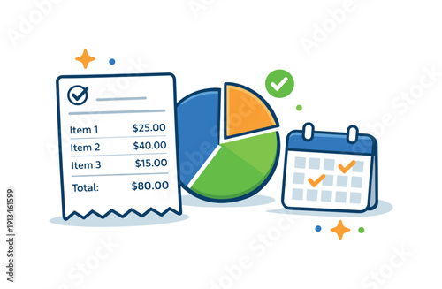 Personal financial awareness and monthly budget review focused on understanding spending patterns and staying organized, a simple receipt paired with a pie chart and a small