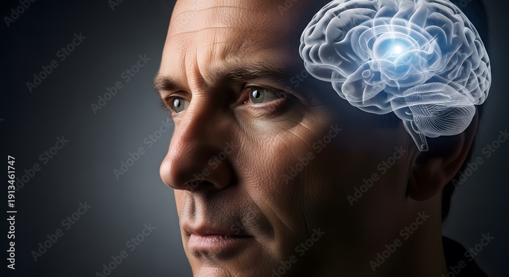 Obraz premium Human Brain Activity and Neural Network in a Man's Head with Glowing Blue Neuron Cluster, Representing Cognition and Thought Processes
