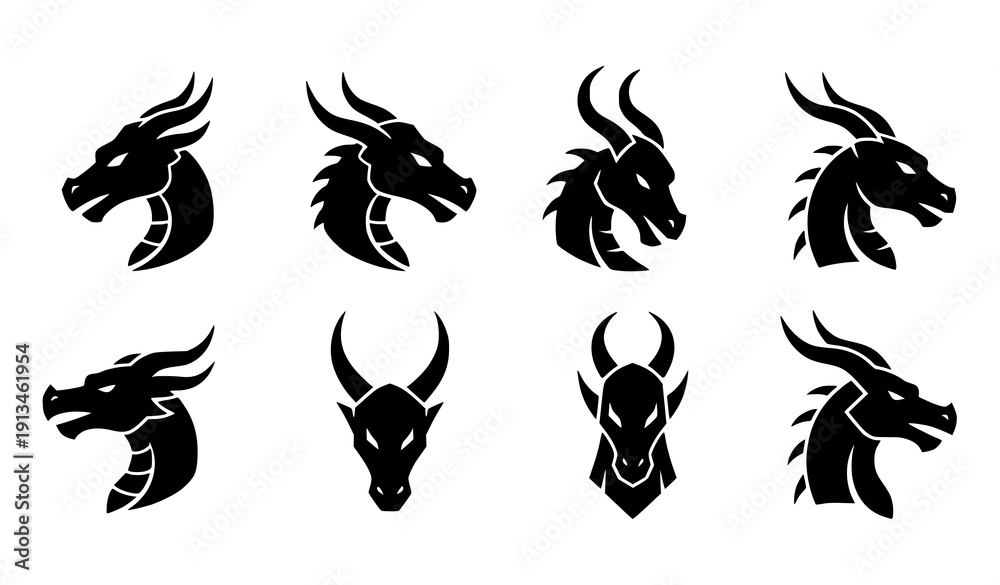 Obraz premium Minimal dragon head silhouette vector emblem set