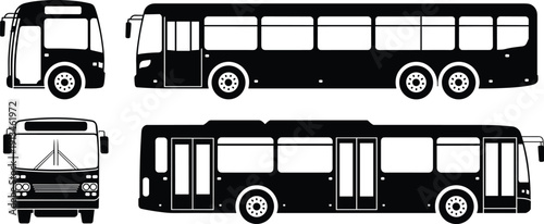 Black and white silhouette illustration of multiple city buses from front and side views, showing windows, doors, wheels, and articulated design