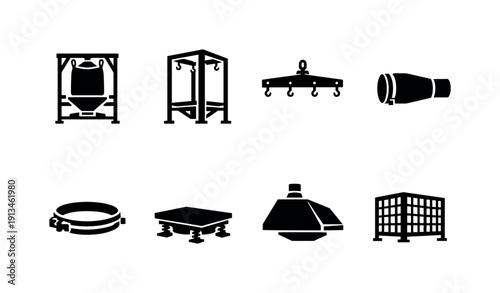 Industrial bulk bag handling station icon set showing bulk bag unloader, lifting frame, spreader beam, discharge spout, clamp ring, vibration table, dust hood, safety cage arranged