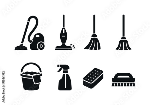 Home cleaning equipment: vacuum cleaner, steam mop, broom, mop, bucket, spray bottle, sponge, scrub brush.