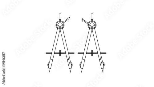Two silver compasses are depicted in a simple line drawing positioned side by side on a white background