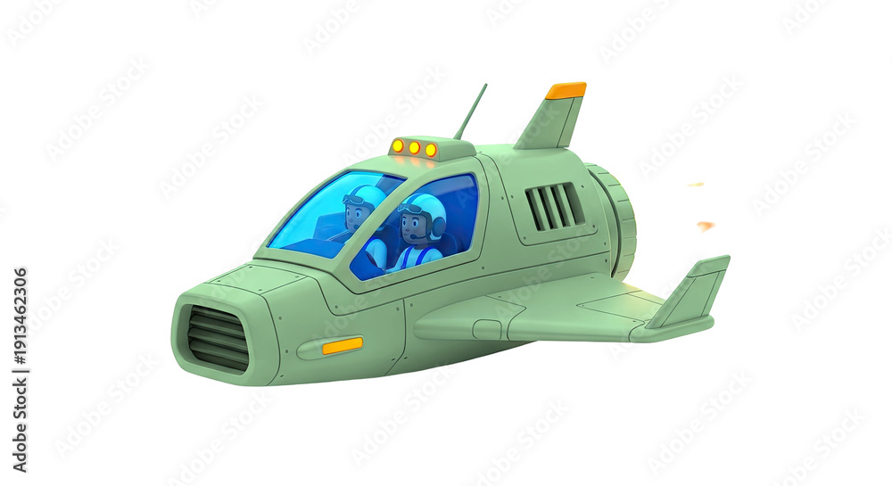 Fototapeta premium Cartoon spaceship with two pilots flying