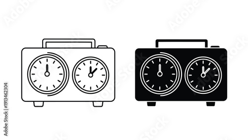 A simple black and white illustration depicts two identical analog clocks in contrasting tones