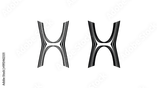 Two abstract black and white symmetrical designs resembling stylized hourglasses are prominently displayed
