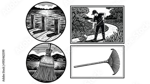 A collection of detailed black and white illustrations depicting a landscape figure and tools