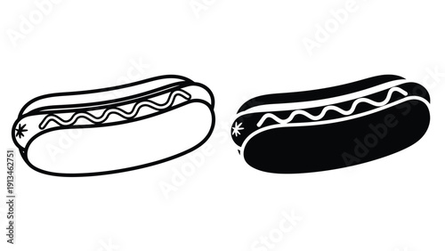 A simple black and white illustration depicts two hot dogs with various toppings shown side by side