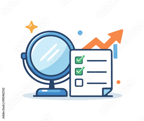 Professional self-assessment and performance reflection for career growth, a mirror icon paired with a checklist and an upward arrow symbolizing evaluation and improvement, clarity