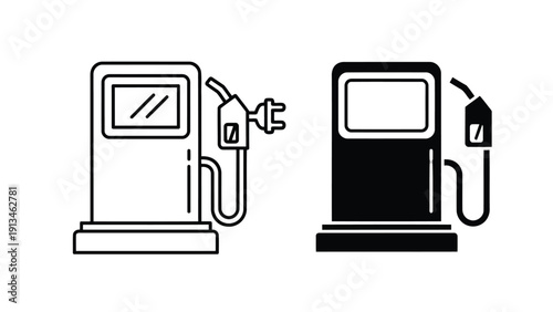 A simple line art illustration depicting two gas pumps one outlined and one filled black