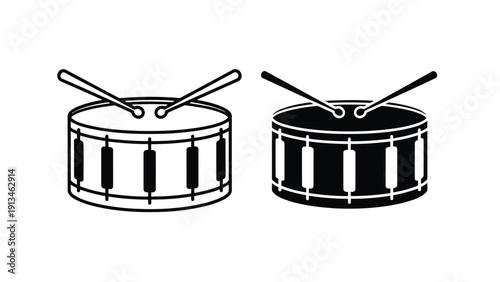 Two black and white illustrations depict snare drums with drumsticks positioned for playing
