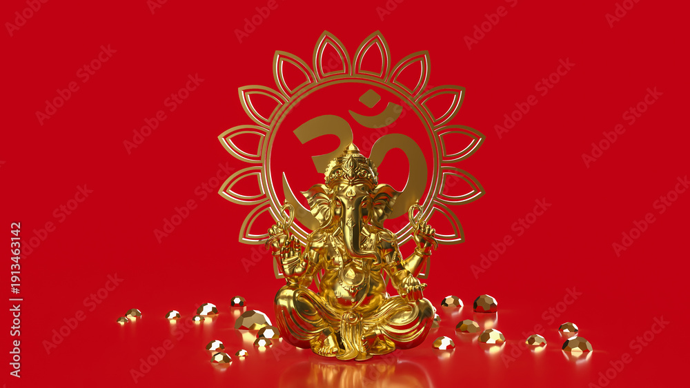 Fototapeta premium Golden Ganesha with Om Symbol on Red 3d render.