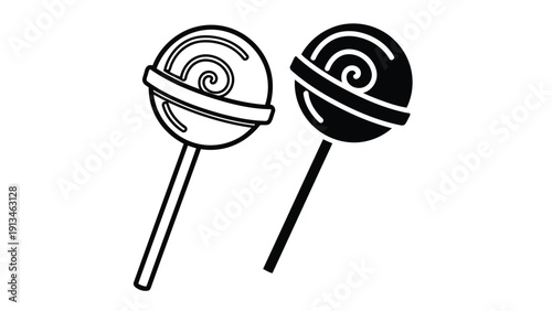 Two swirling lollipops are depicted in black and white presenting a simple graphic illustration