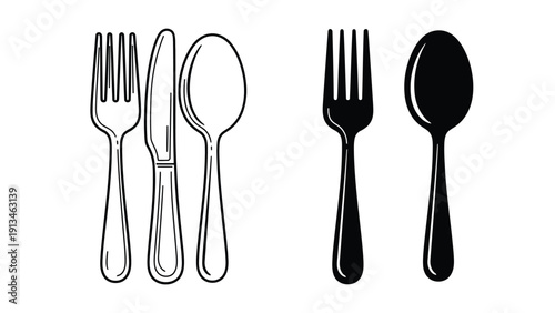 A simple black and white illustration depicting dining cutlery forks spoons and a knife