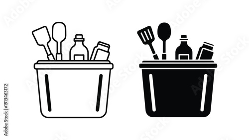 Black and white illustration depicting kitchen utensils and containers shown in two variations