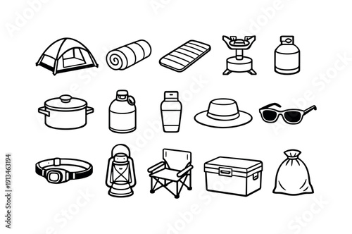 Outdoor coastal camping gear: beach tent, sleeping bag, sleeping pad, camp stove, fuel canister, cooking pot, water canteen, sunscreen bottle, wide brim hat, sunglasses, headlamp,