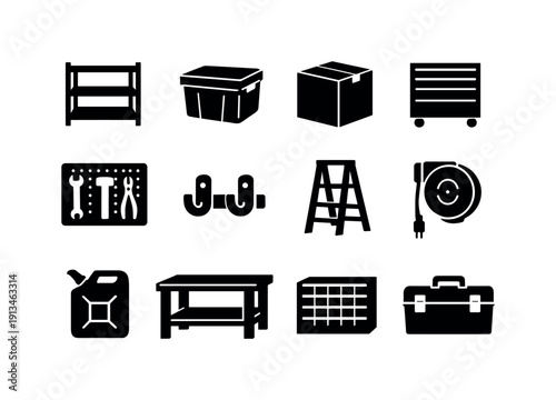 Home garage storage system: shelving unit, storage bin, cardboard box, tool cabinet, pegboard panel, wall hook, ladder, extension cord reel, fuel can, workbench, parts organizer,