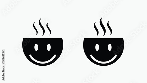 Two black smiling cup icons emit steam creating a cheerful and minimalist graphic design