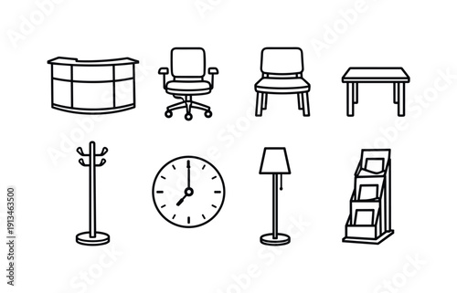 Professional office reception furniture: reception counter, swivel chair, waiting chair, side table, coat stand, wall clock, floor lamp, brochure rack.