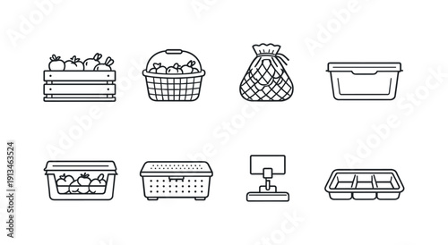 Kitchen vegetable storage items: vegetable crate, produce basket, mesh bag, storage bin, fridge drawer, breathable box, label clip, divider tray.