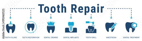 Tooth Repair web banner icon vector illustration featuring Tooth Filling, Teeth Restoration, Dental Crowns, Dental Implants, Tooth Drill, Anesthesia, and Dental Treatment