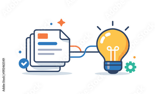 Professional knowledge management and information retention in a digital workspace focused on keeping ideas accessible, a stack of documents connected to a light bulb as a metaphor