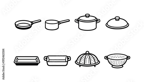 Home kitchen cookware essentials: frying pan, saucepan, stockpot, lid, baking tray, roasting dish, steamer basket, colander.